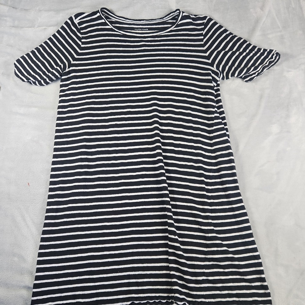 Eileen Fisher 100% Linen Striped Dress Black White Size M Capsule Minimalist